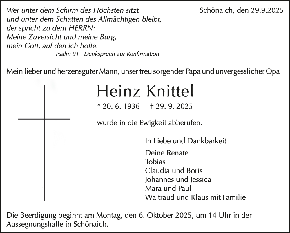  Traueranzeige für Heinz Knittel vom 04.10.2025 aus Kreiszeitung Böblinger Bote