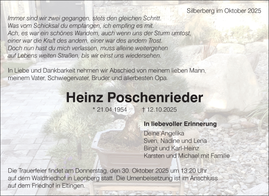 Traueranzeige von Heinz Poschenrieder von Leonberger Kreiszeitung / Strohgäu Extra