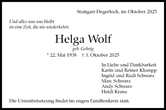 Traueranzeige von Helga Wolf von Stuttgarter Zeitung / Stuttgarter Nachrichten