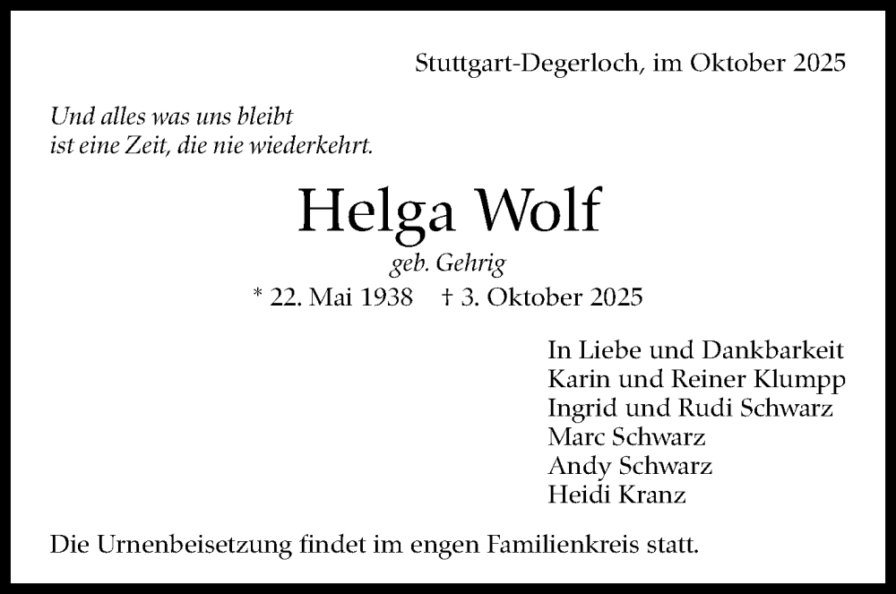  Traueranzeige für Helga Wolf vom 18.10.2025 aus Stuttgarter Zeitung / Stuttgarter Nachrichten