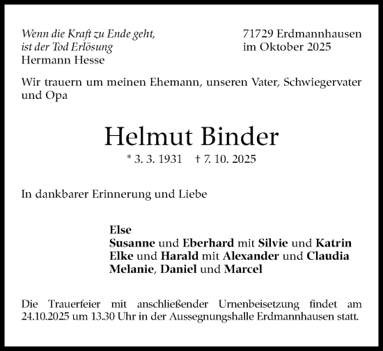 Traueranzeige von Helmut Binder von Marbacher Zeitung