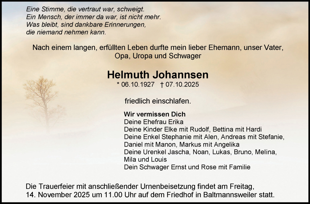  Traueranzeige für Helmuth Johannsen vom 30.10.2025 aus Eßlinger Zeitung