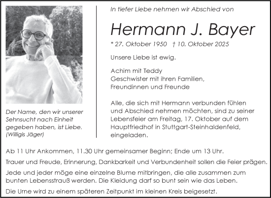 Traueranzeige von Hermann J. Bayer von Stuttgarter Zeitung / Stuttgarter Nachrichten