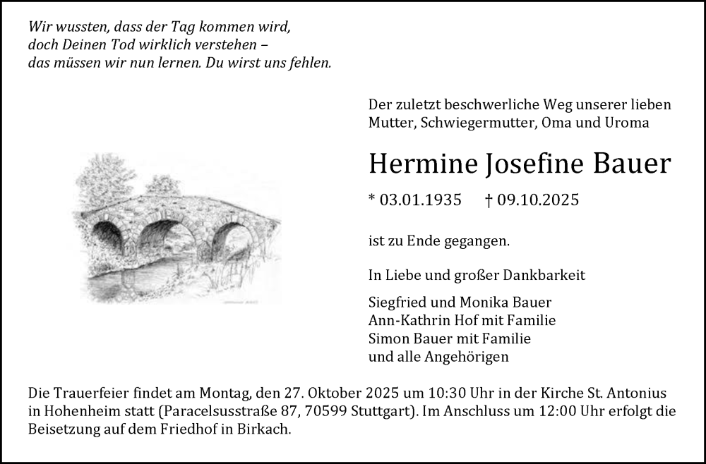  Traueranzeige für Hermine Josefine Bauer vom 18.10.2025 aus Stuttgarter Zeitung / Stuttgarter Nachrichten