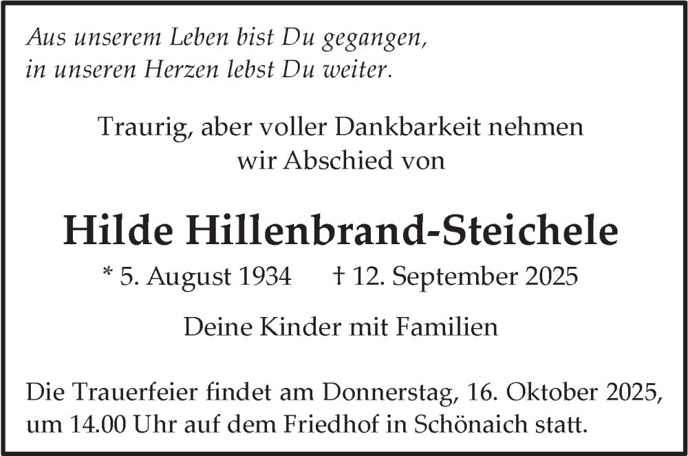  Traueranzeige für Hilde Hillenbrand-Steichele vom 11.10.2025 aus Kreiszeitung Böblinger Bote