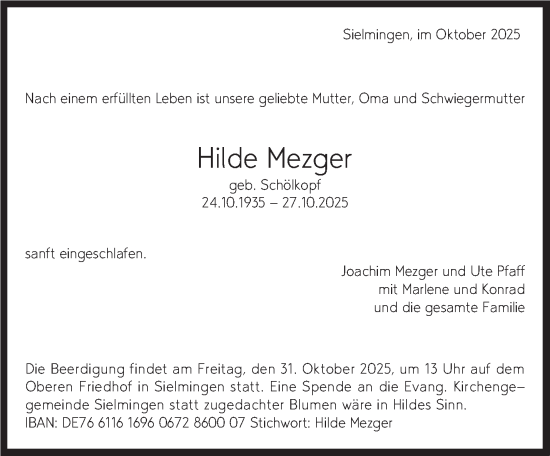 Traueranzeige von Hilde Mezger von Stuttgarter Zeitung / Stuttgarter Nachrichten