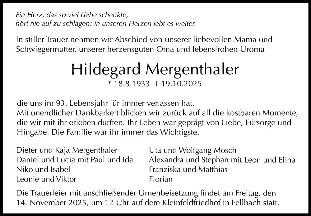  Traueranzeige für Hildegard Mergenthaler vom 31.10.2025 aus Stuttgarter Zeitung / Stuttgarter Nachrichten