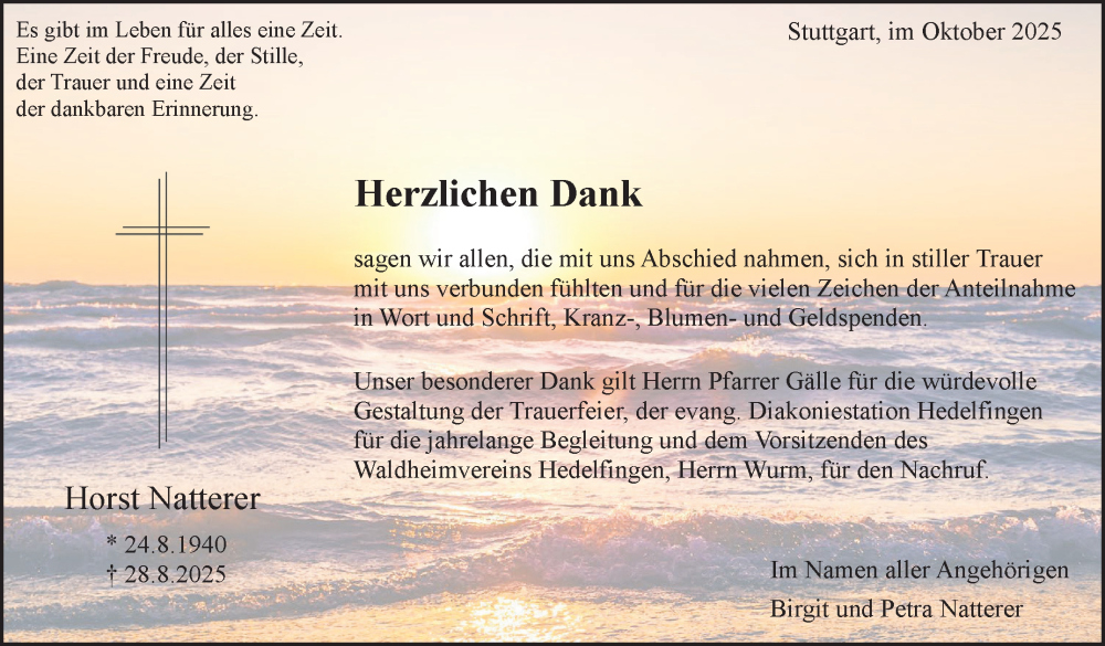  Traueranzeige für Horst Natterer vom 18.10.2025 aus Stuttgarter Zeitung / Stuttgarter Nachrichten