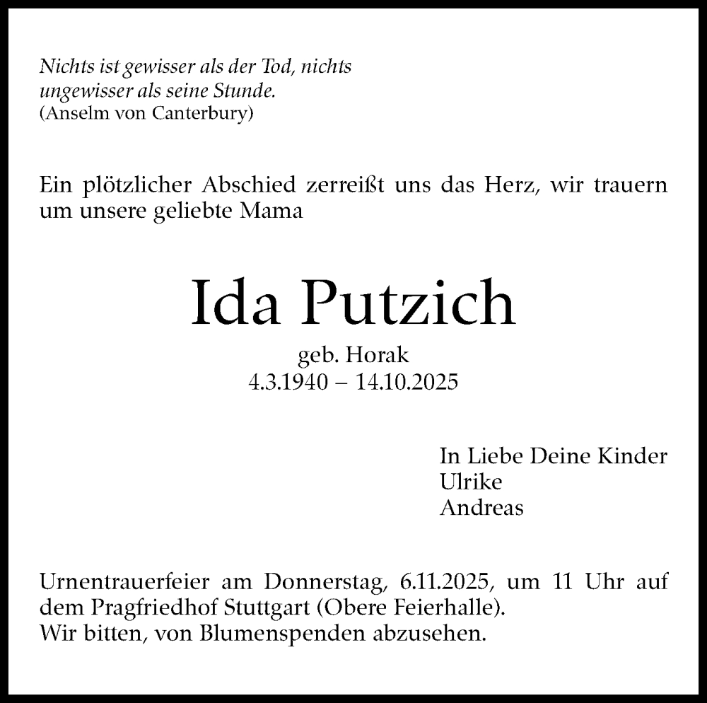 Traueranzeige für Ida Putzich vom 31.10.2025 aus Stuttgarter Zeitung / Stuttgarter Nachrichten