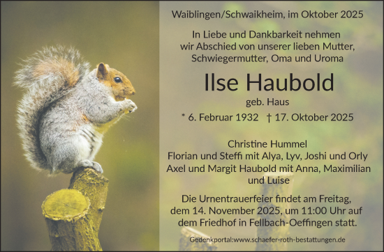 Traueranzeige von Ilse Haubold von Stuttgarter Zeitung / Stuttgarter Nachrichten