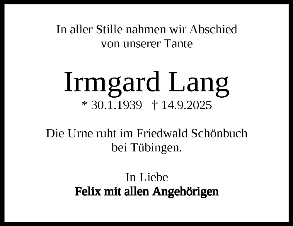  Traueranzeige für Irmgard Lang vom 31.10.2025 aus Eßlinger Zeitung