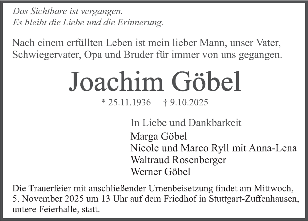  Traueranzeige für Joachim Göbel vom 30.10.2025 aus Stuttgarter Zeitung / Stuttgarter Nachrichten
