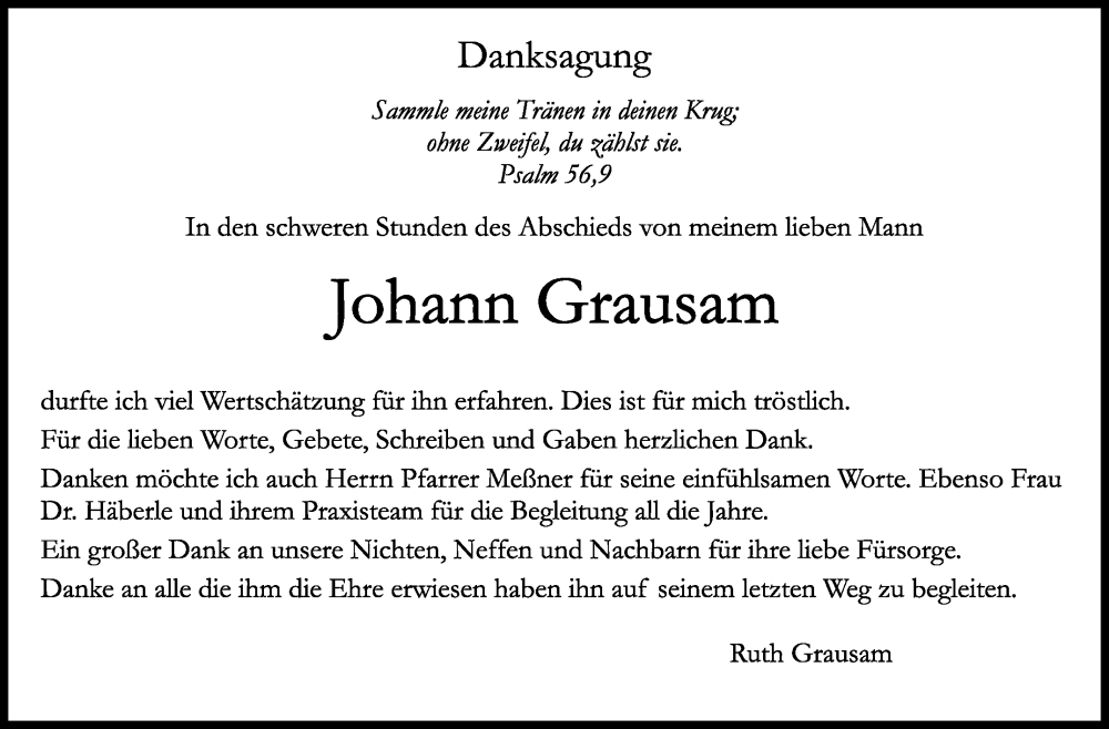  Traueranzeige für Johann Grausam vom 11.10.2025 aus Kreiszeitung Böblinger Bote