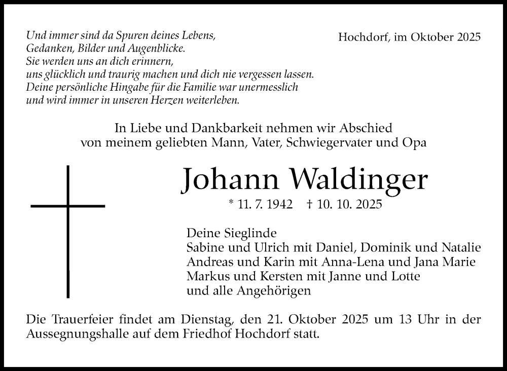  Traueranzeige für Johann Waldinger vom 15.10.2025 aus Eßlinger Zeitung