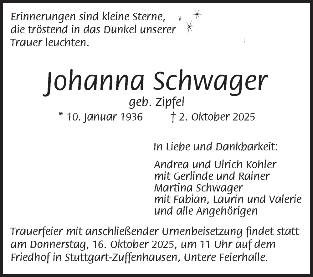  Traueranzeige für Johanna Schwager vom 09.10.2025 aus Stuttgarter Zeitung / Stuttgarter Nachrichten