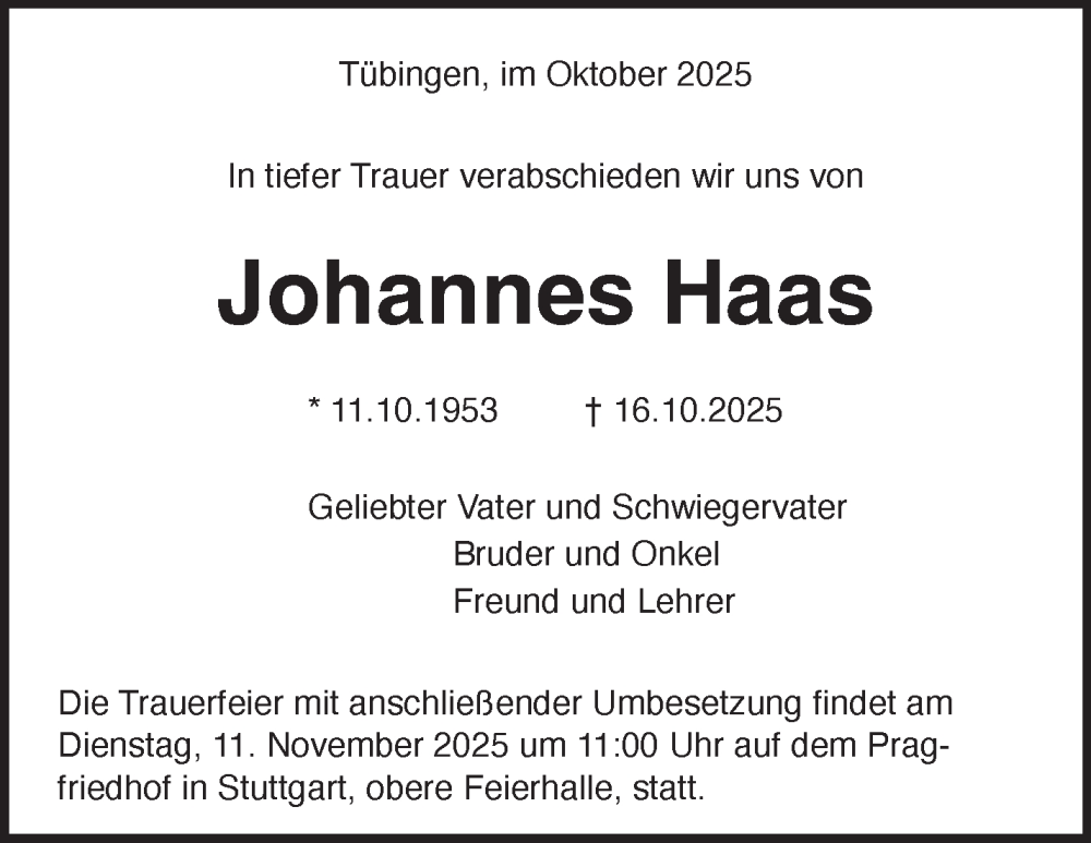  Traueranzeige für Johannes Haas vom 27.10.2025 aus Leonberger Kreiszeitung / Strohgäu Extra