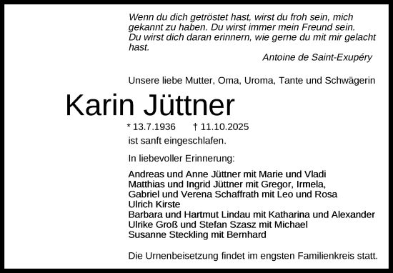 Traueranzeige von Karin Jüttner von Stuttgarter Zeitung / Stuttgarter Nachrichten