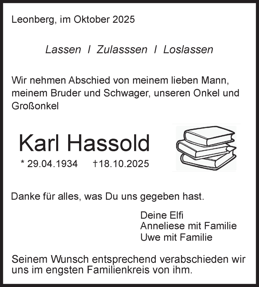  Traueranzeige für Karl Hassold vom 27.10.2025 aus Leonberger Kreiszeitung / Strohgäu Extra