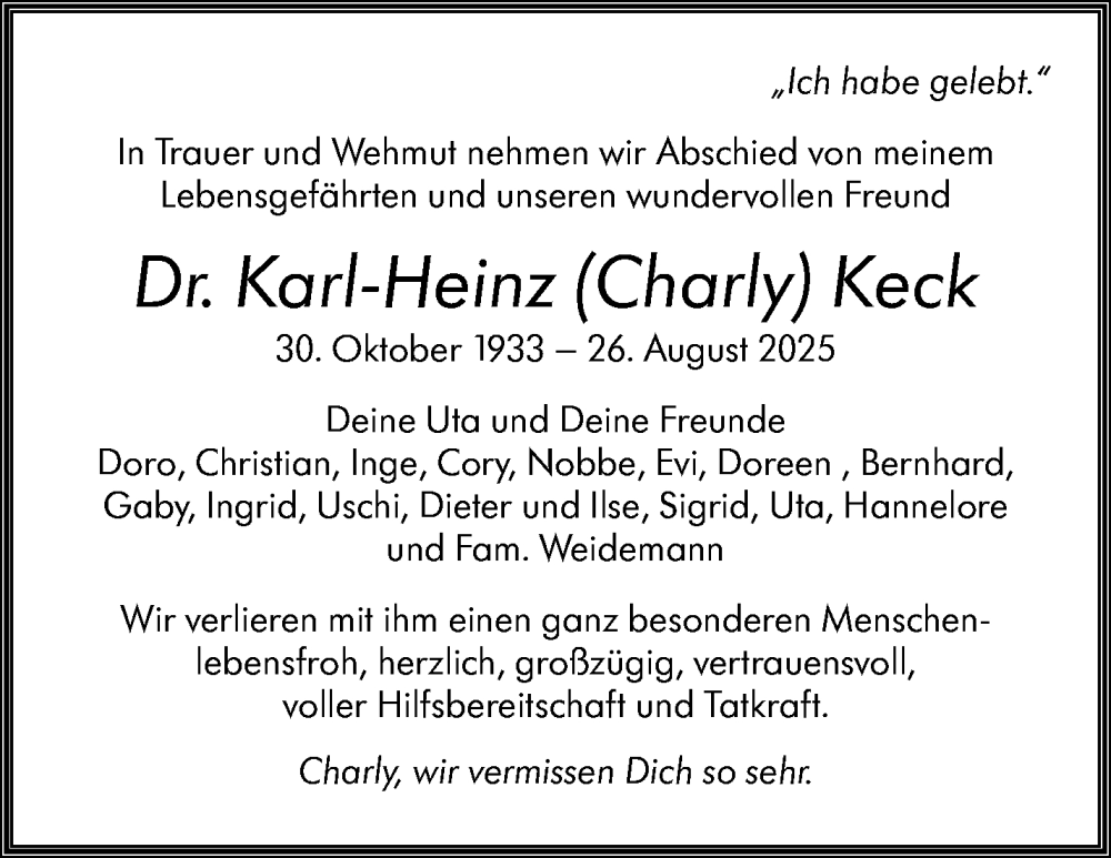  Traueranzeige für Karl-Heinz Keck vom 30.10.2025 aus Stuttgarter Zeitung / Stuttgarter Nachrichten