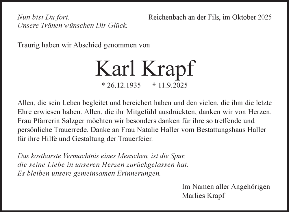  Traueranzeige für Karl Krapf vom 11.10.2025 aus Eßlinger Zeitung