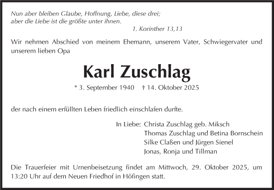 Traueranzeige von Karl Zuschlag von Leonberger Kreiszeitung / Strohgäu Extra