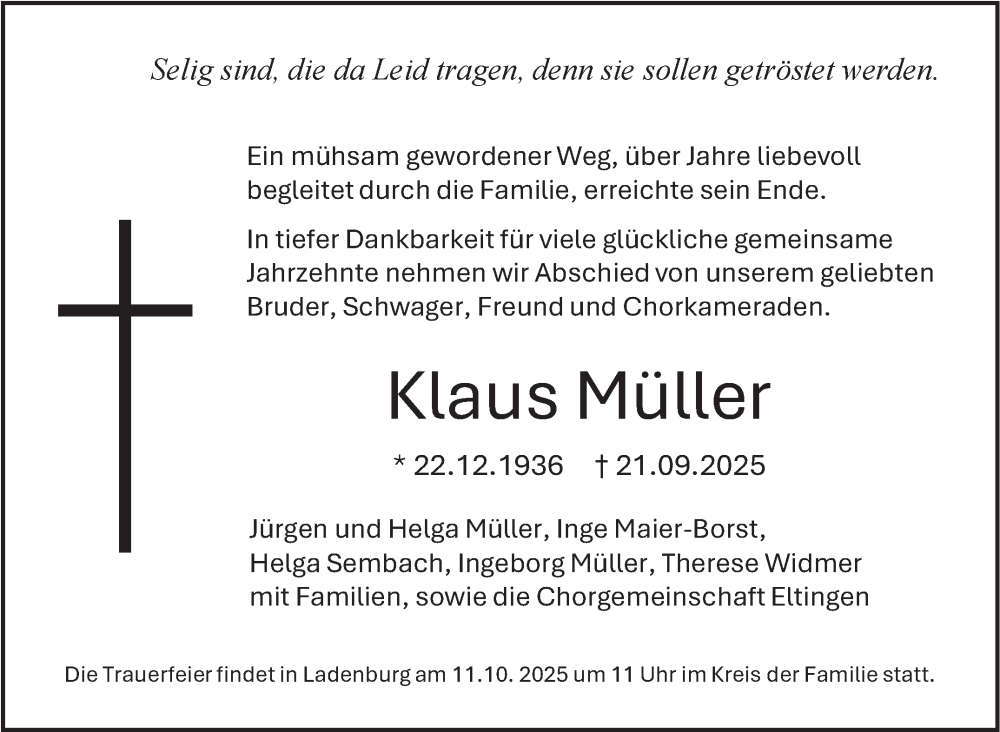  Traueranzeige für Klaus Müller vom 04.10.2025 aus Leonberger Kreiszeitung / Strohgäu Extra