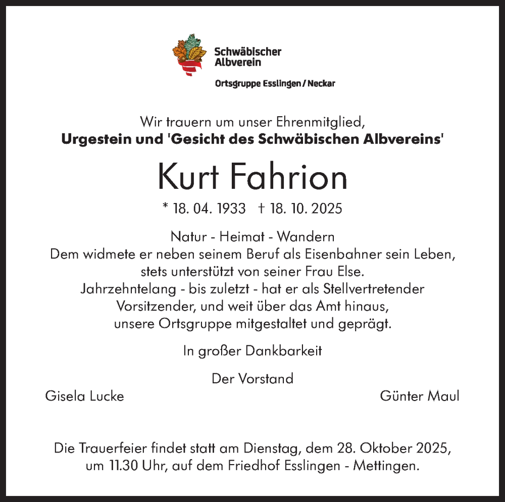  Traueranzeige für Kurt Fahrion vom 25.10.2025 aus Eßlinger Zeitung