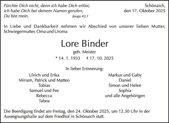 Traueranzeige von Lore Binder von Kreiszeitung Böblinger Bote