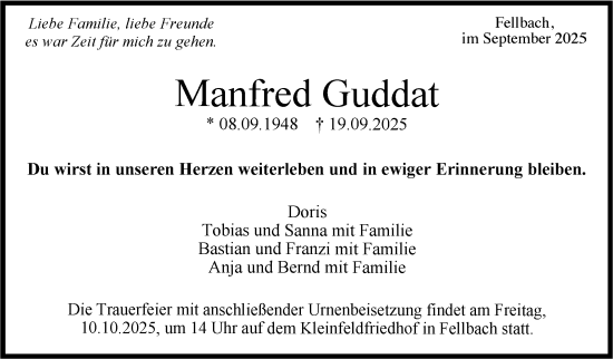 Traueranzeige von Manfred Guddat von Stuttgarter Zeitung / Stuttgarter Nachrichten