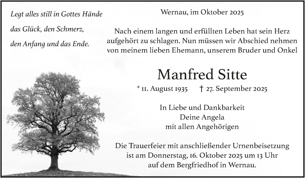  Traueranzeige für Manfred Sitte vom 15.10.2025 aus Eßlinger Zeitung