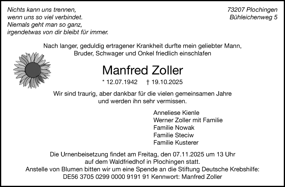  Traueranzeige für Manfred Zoller vom 31.10.2025 aus Stuttgarter Zeitung / Stuttgarter Nachrichten