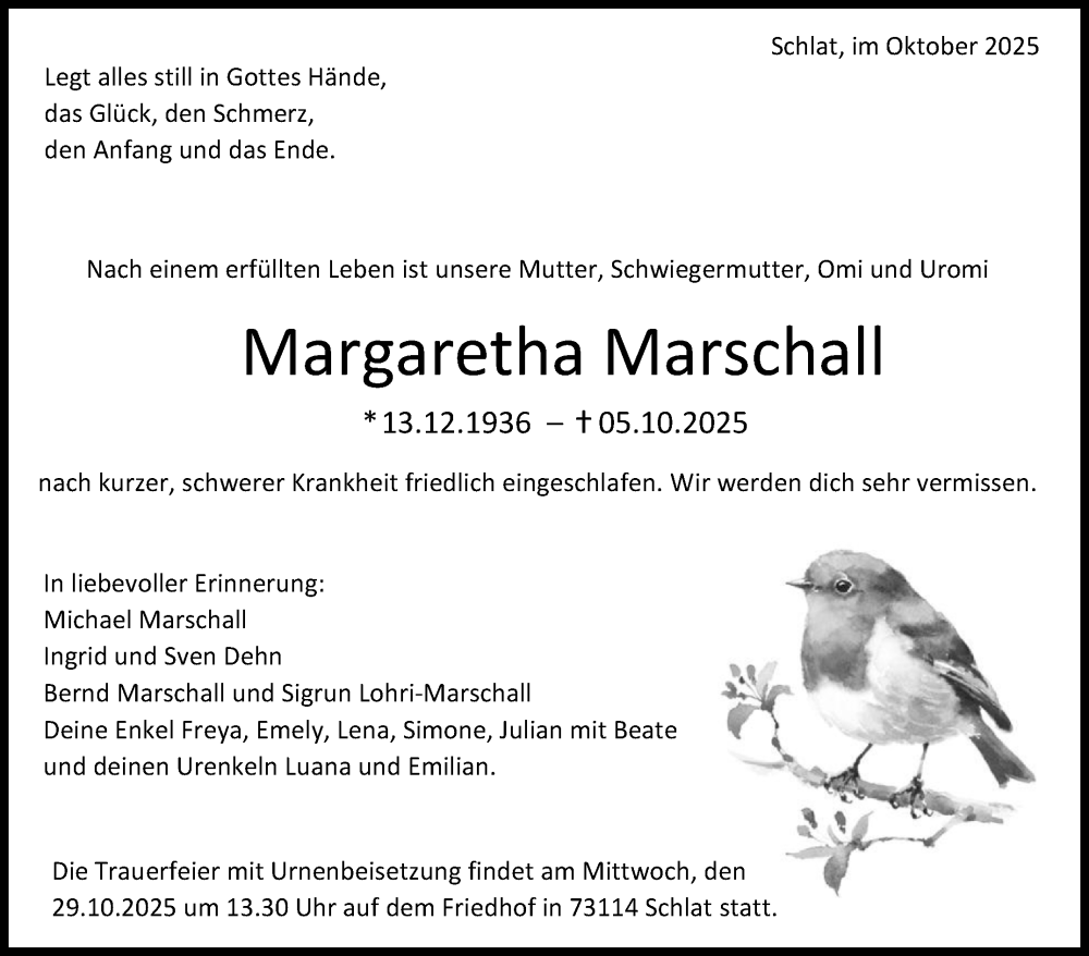  Traueranzeige für Margaretha Marschall vom 25.10.2025 aus Eßlinger Zeitung