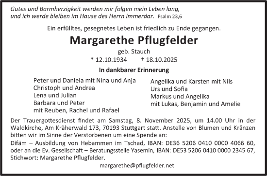 Traueranzeige von Margarethe Pflugfelder von Stuttgarter Zeitung / Stuttgarter Nachrichten