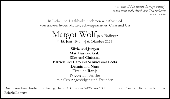 Traueranzeige von Margot Wolf von Stuttgarter Zeitung / Stuttgarter Nachrichten