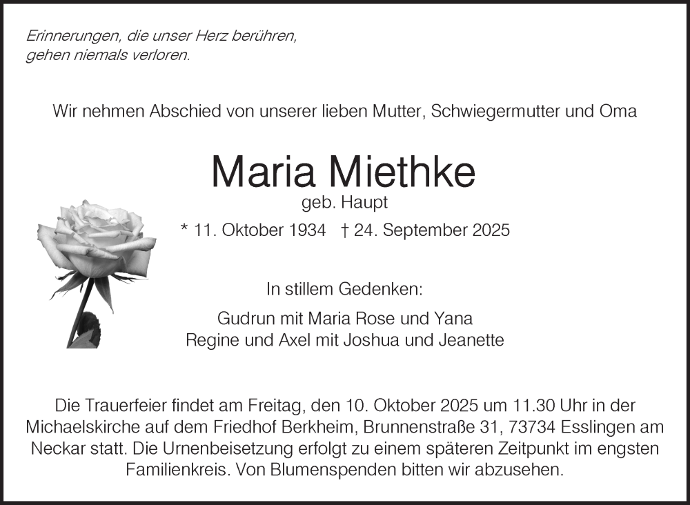  Traueranzeige für Maria Miethke vom 04.10.2025 aus Eßlinger Zeitung