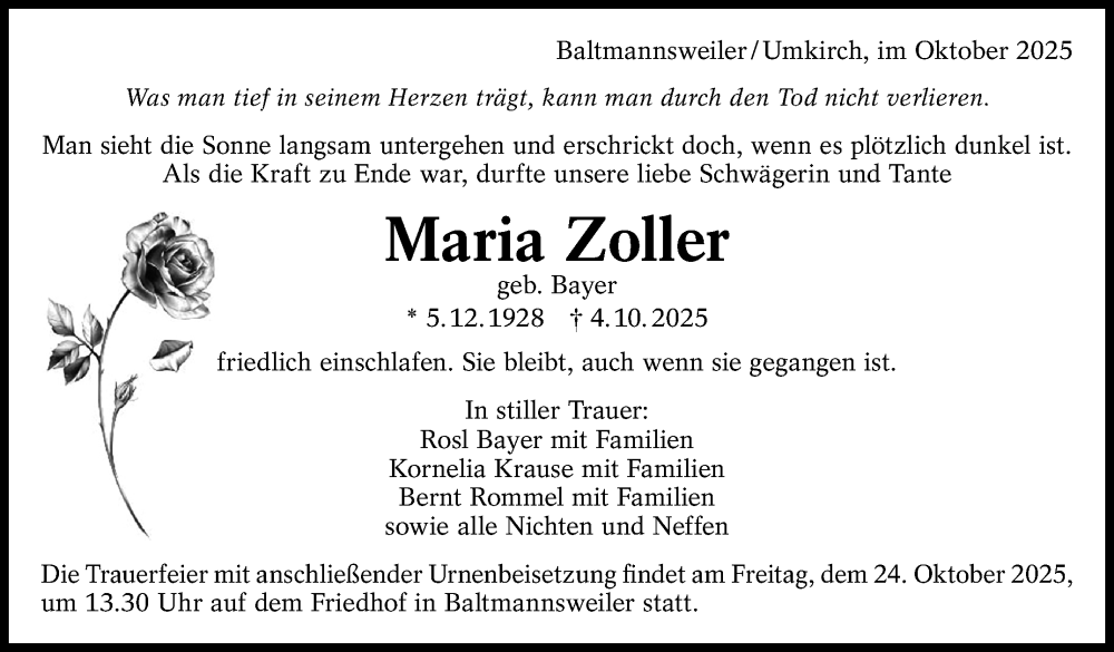  Traueranzeige für Maria Zoller vom 18.10.2025 aus Eßlinger Zeitung