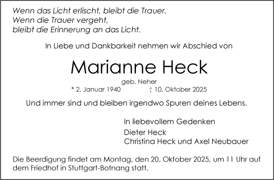 Traueranzeige von Marianne Heck von Stuttgarter Zeitung / Stuttgarter Nachrichten