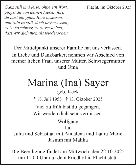 Traueranzeige von Marina Sayer von Leonberger Kreiszeitung / Strohgäu Extra