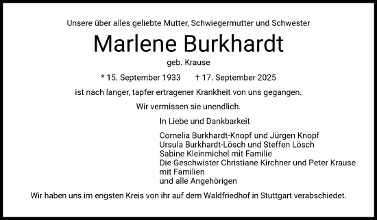 Traueranzeige von Marlene Burkhardt von Stuttgarter Zeitung / Stuttgarter Nachrichten