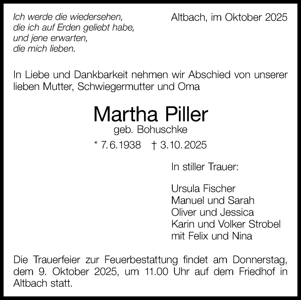  Traueranzeige für Martha Piller vom 08.10.2025 aus Eßlinger Zeitung