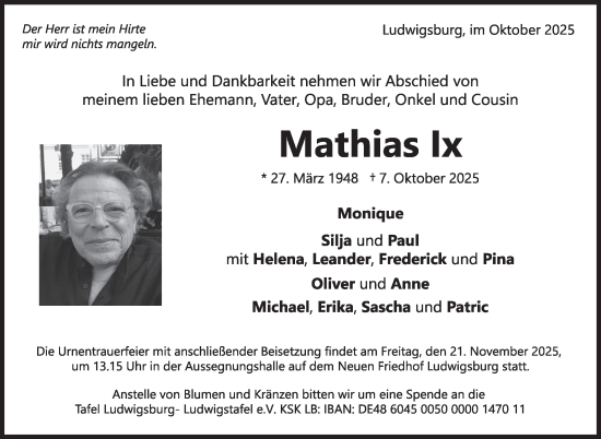 Traueranzeige von Mathias Ix von Marbacher Zeitung