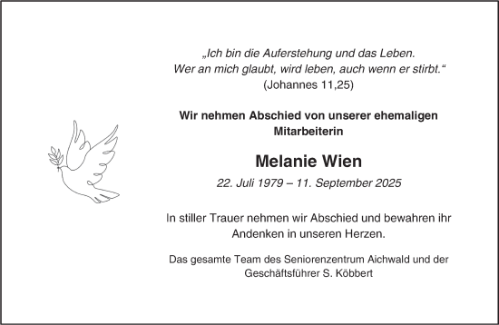 Traueranzeige von Melanie Wien von Eßlinger Zeitung