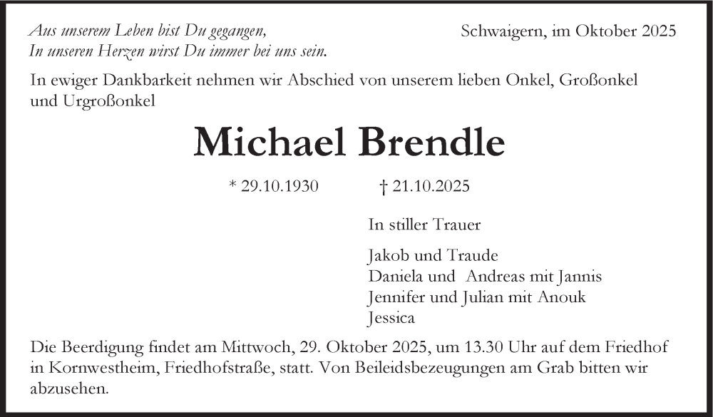  Traueranzeige für Michael Brendle vom 27.10.2025 aus Marbacher Zeitung