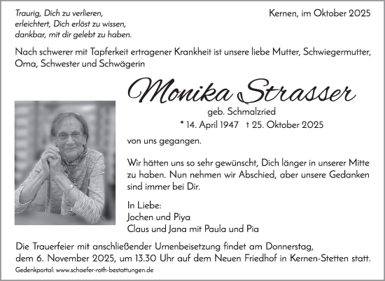 Traueranzeige von Monika Strasser von Stuttgarter Zeitung / Stuttgarter Nachrichten