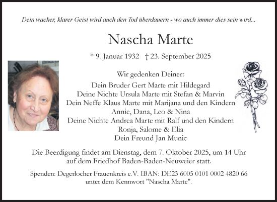 Traueranzeige von Nascha Marte von Stuttgarter Zeitung / Stuttgarter Nachrichten