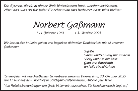 Traueranzeige von Norbert Gaßmann von Stuttgarter Zeitung / Stuttgarter Nachrichten