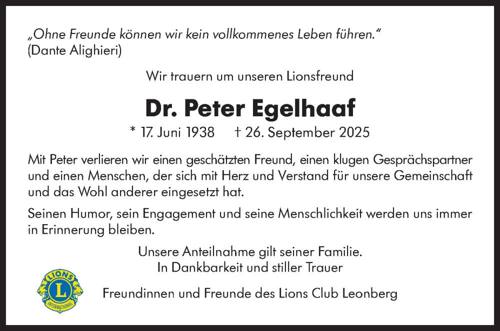  Traueranzeige für Peter Egelhaaf vom 11.10.2025 aus Leonberger Kreiszeitung / Strohgäu Extra