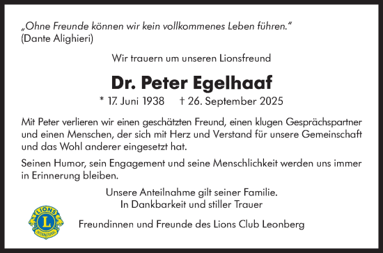 Traueranzeige von Peter Egelhaaf von Leonberger Kreiszeitung / Strohgäu Extra