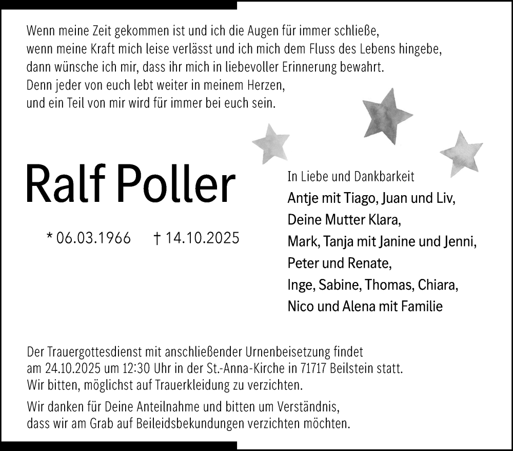  Traueranzeige für Ralf Poller vom 22.10.2025 aus Marbacher Zeitung