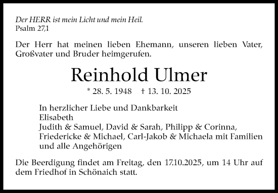 Traueranzeige von Reinhold Ulmer von Kreiszeitung Böblinger Bote